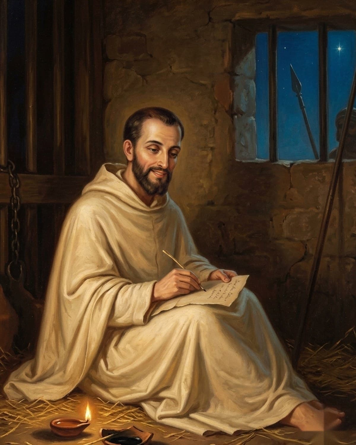 Painting — St John de Britto seated on prison straw by a small oil lamp, writing on a sheet with a straw pen, a guard's spear at the barred window behind him