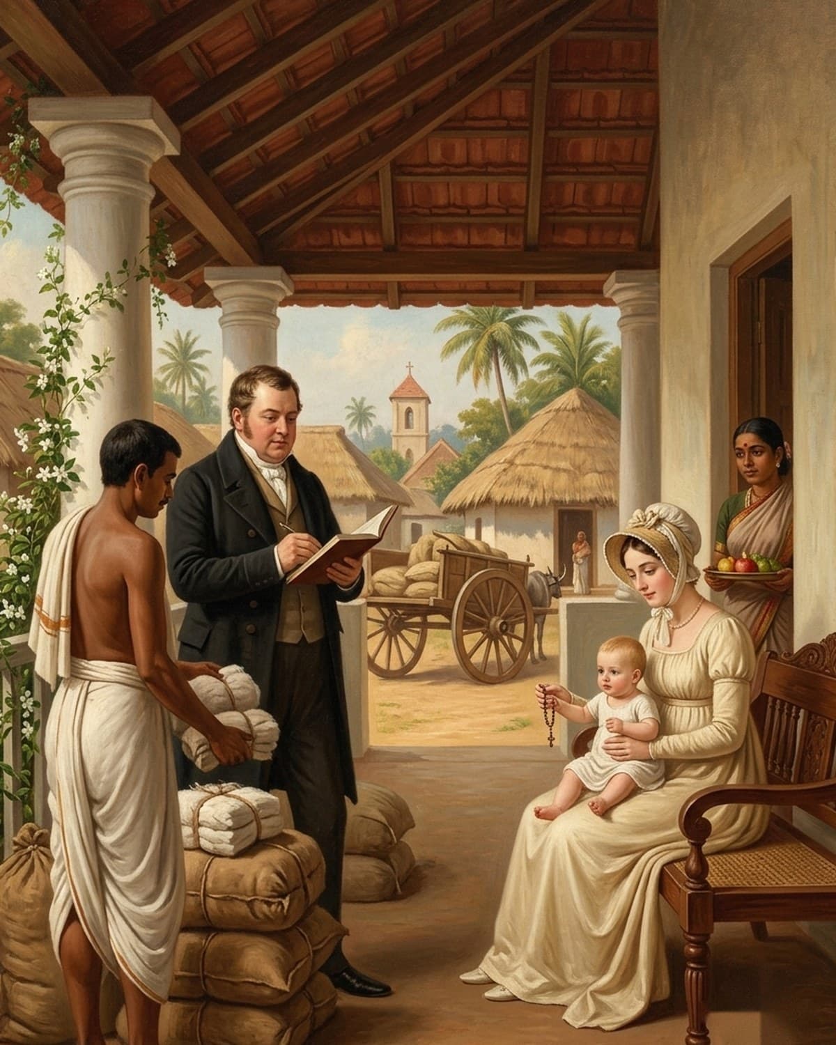 Painting — a European merchant's household of the early nineteenth century in a South Indian town, the family gathered in a shuttered room with ledgers and papers on the table