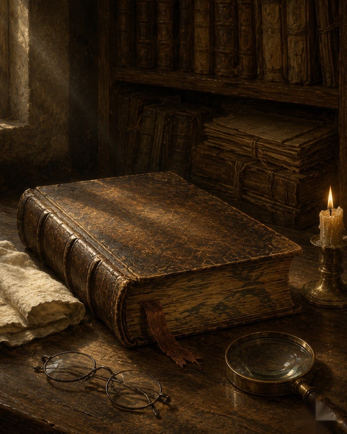 Photograph — an old leather-bound folio lying closed on a desk in a candlelit archive, spectacles and a magnifying glass beside it, bundles of manuscript on the shelves behind