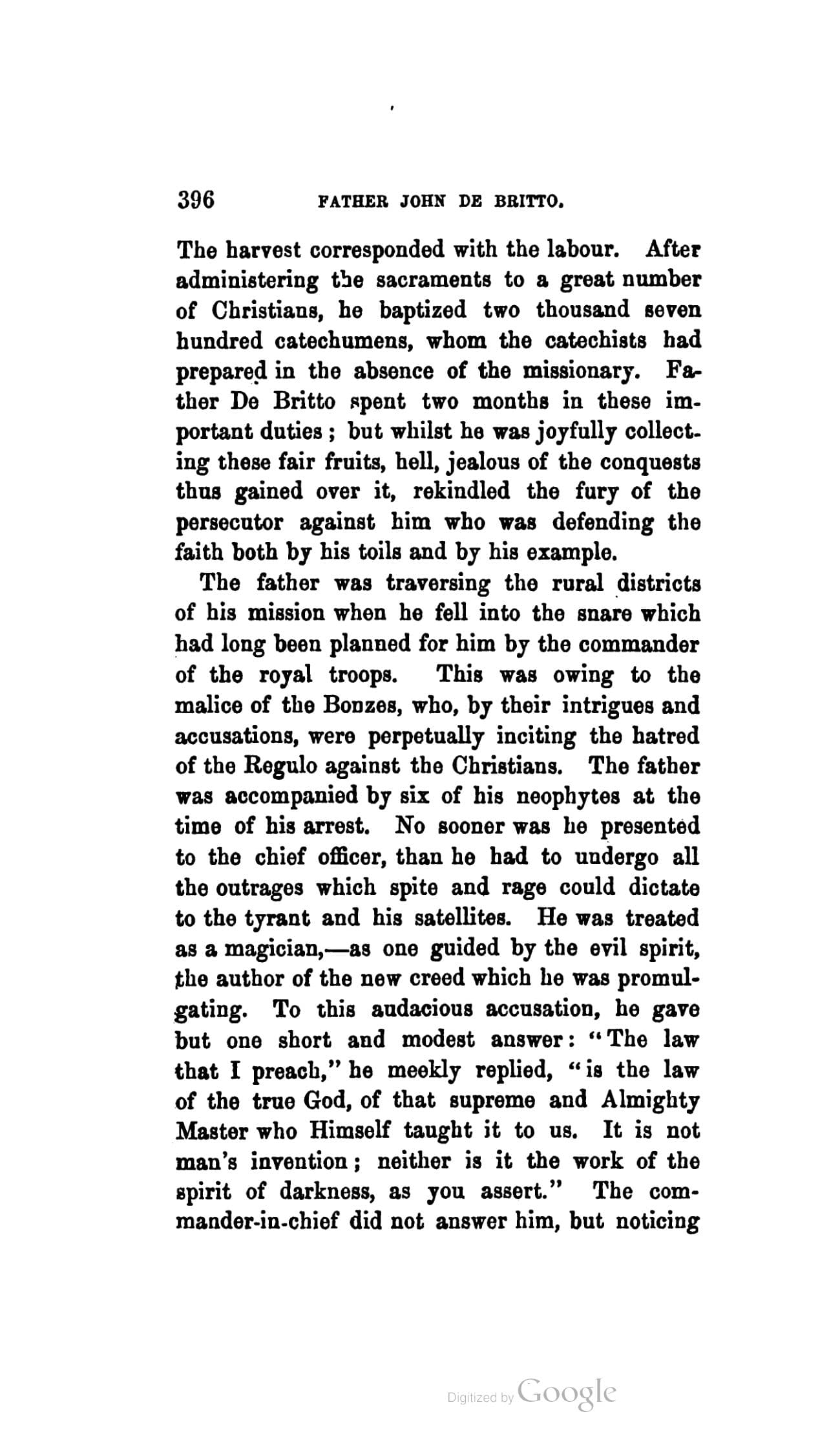 The printed page 396 of The Lives of… the Ven. John de Britto, S.J., photographed from the book