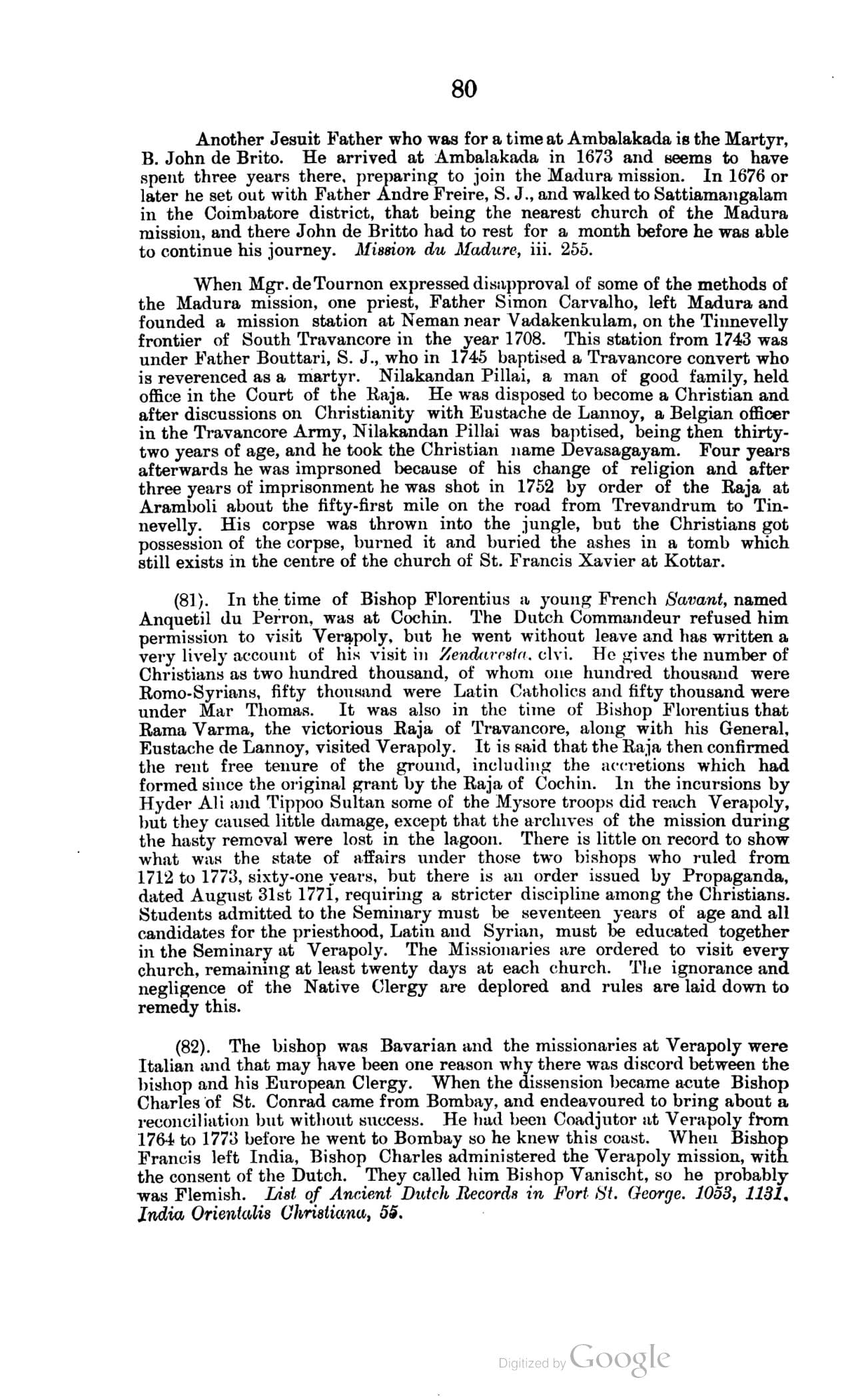 The printed page 80 of Christianity in Travancore, photographed from the book