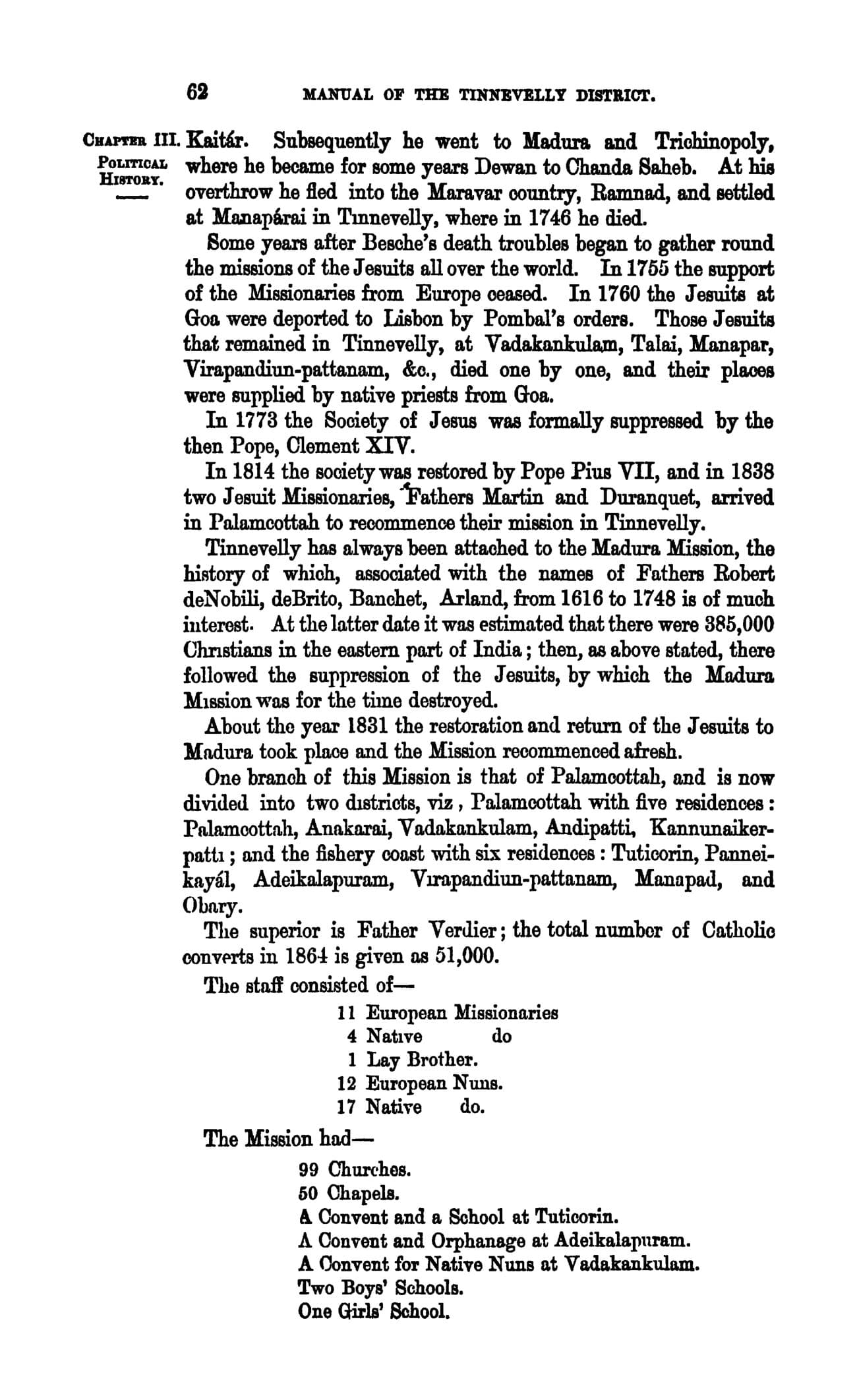 The printed page 62 of A Manual of the Tinnevelly District, photographed from the book